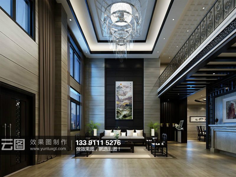 新中式 别墅 客厅效果图